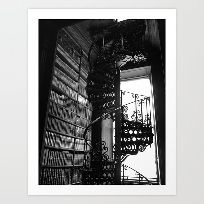 Stairs Trinity College Library Spiral Iron Wrought Staircase, Dublin, Ireland black and white photography Art Print