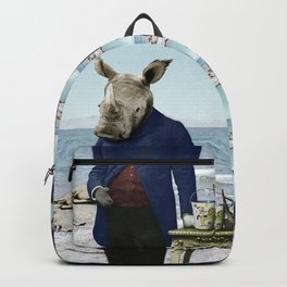 Mr. Rhino's Day at the Beach Backpack | Gentleman, Seaside, Shore, Framed Prints, Rhino, Funny, Decorate Decoration, Digital, Gift Guide Ideas, Vintage 
