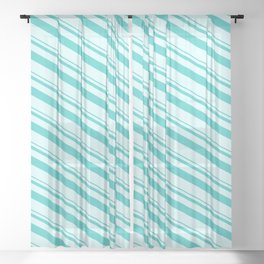 [ Thumbnail: Turquoise and Light Cyan Colored Lined/Striped Pattern Sheer Curtain ]