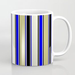 [ Thumbnail: Dark Khaki, Blue, Beige, and Black Colored Stripes/Lines Pattern Coffee Mug ]