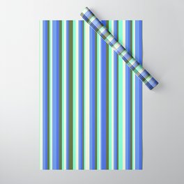 [ Thumbnail: Eyecatching Dark Olive Green, Royal Blue, Cornflower Blue, Beige, Aquamarine Colored Stripes Pattern Wrapping Paper ]
