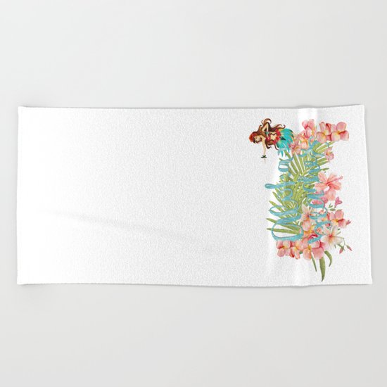 Aloha- Alohabeaches with tropical flowers Palm leaf and Hula Girl Beach Towel