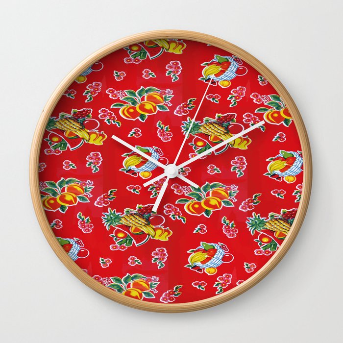 Peaches Red Mexican Fabric Vibrant Oilcloth Wall Clock