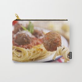 Spaghetti and meatball on a fork, plate in the background Carry-All Pouch | Food, Photo 