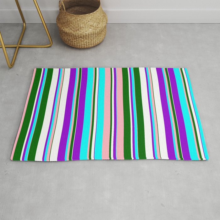 Eye-catching Dark Violet, Cyan, Light Pink, Dark Green, and White Colored Lined Pattern Rug
