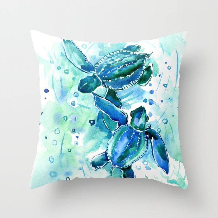 Turquoise Blue Sea Turtles in Ocean Throw Pillow