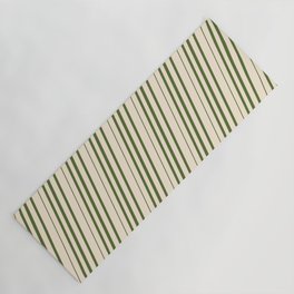 [ Thumbnail: Beige & Dark Olive Green Colored Striped/Lined Pattern Yoga Mat ]