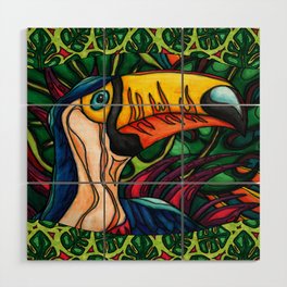 Toucan with yellow beak, on abstract jungle background Wood Wall Art