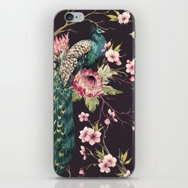 Watercolor pattern peacock on a tree cherry, flowering trees. protea flower, retro colors. tree branches. pink chrysanthemum iPhone Skin