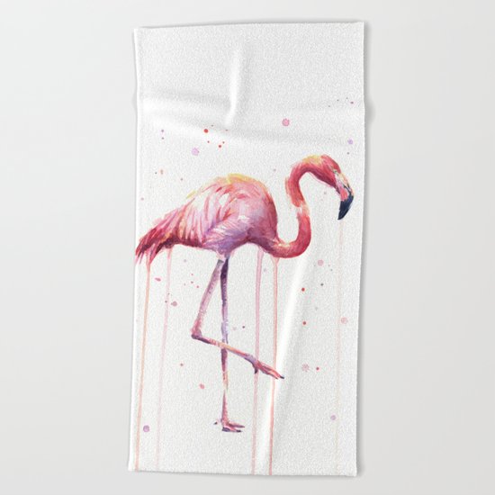 Pink Flamingo Portrait Watercolor Animals Birds | Facing Right Beach Towel