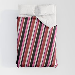 [ Thumbnail: Hot Pink, Brown, White & Black Colored Lined/Striped Pattern Duvet Cover ]
