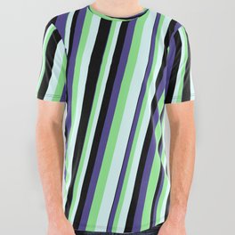 [ Thumbnail: Dark Slate Blue, Light Green, Light Cyan & Black Colored Lines/Stripes Pattern All Over Graphic Tee ]