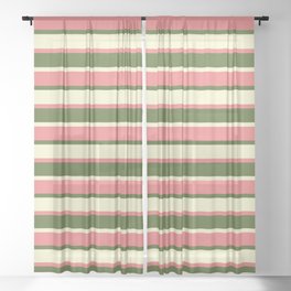 [ Thumbnail: Light Coral, Dark Olive Green & Light Yellow Colored Striped Pattern Sheer Curtain ]