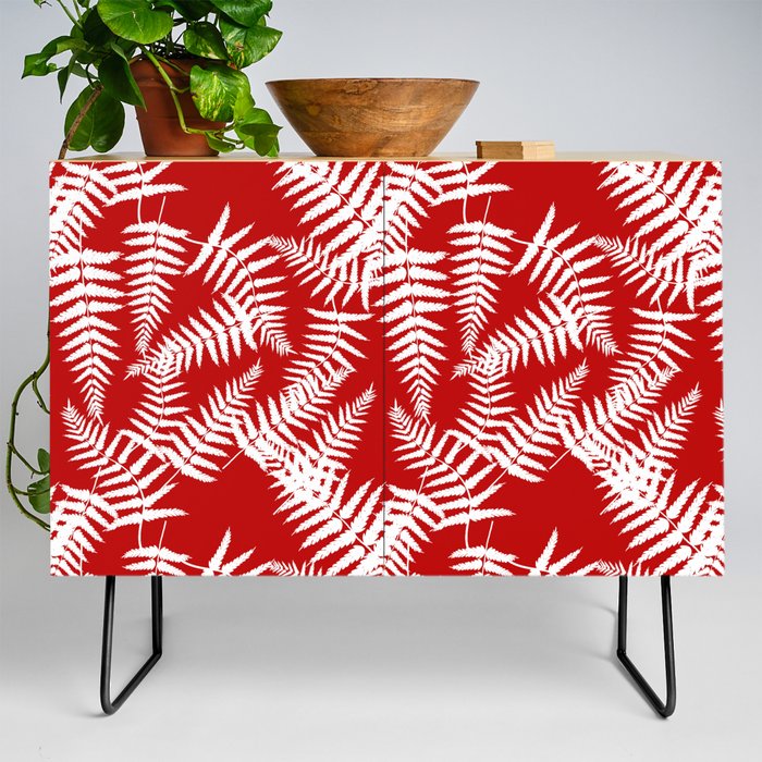 Red And White Fern Leaf Pattern Credenza
