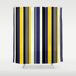 [ Thumbnail: Eyecatching Mint Cream, Yellow, Midnight Blue, Dim Gray & Black Colored Pattern of Stripes Shower Curtain ]