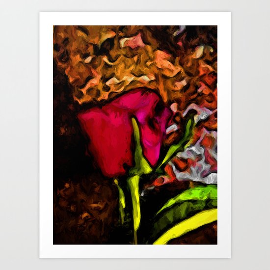 Red Rose and Green Leaf with some Brown Art Print