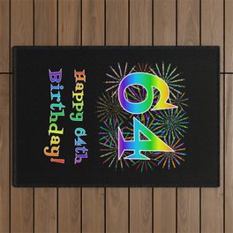 [ Thumbnail: 64th Birthday - Fun Rainbow Spectrum Gradient Pattern Text, Bursting Fireworks Inspired Background Outdoor Rug ]