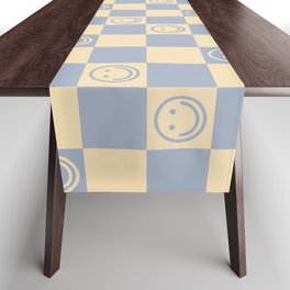 Cute Smiley Faces on Checkerboard \\ Neutral Color Palette Table Runner