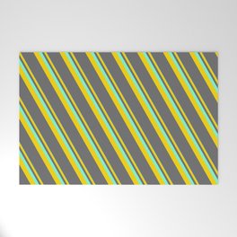 [ Thumbnail: Aquamarine, Yellow, and Dim Gray Colored Lined/Striped Pattern Welcome Mat ]