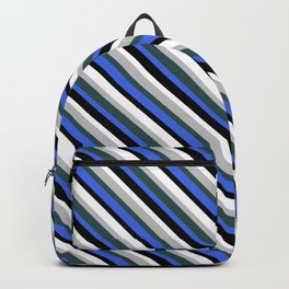 [ Thumbnail: Vibrant Grey, Dark Slate Gray, Royal Blue, Black & White Colored Lines Pattern Backpack ]