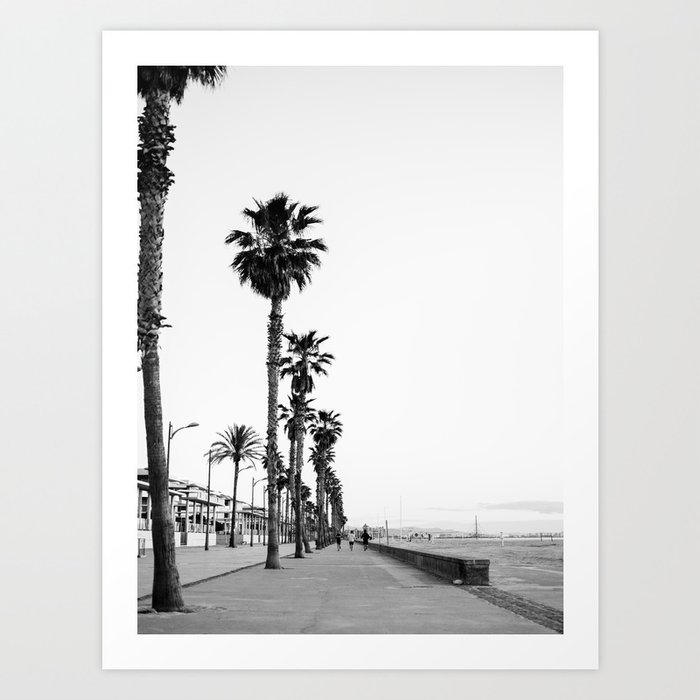 Playa de Valencia | Black and white photograph of the boulevard & beach | travel art Art Print