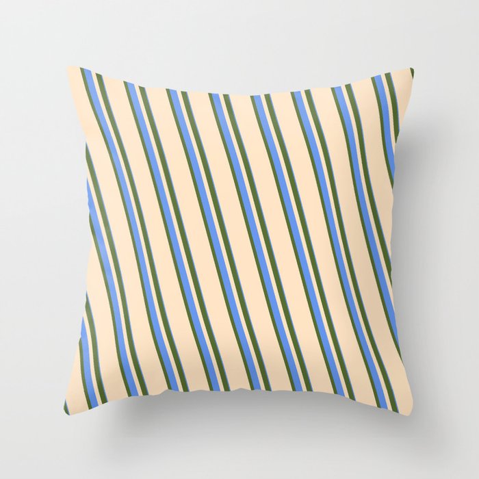 Dark Olive Green, Bisque, and Cornflower Blue Colored Stripes Pattern Throw Pillow