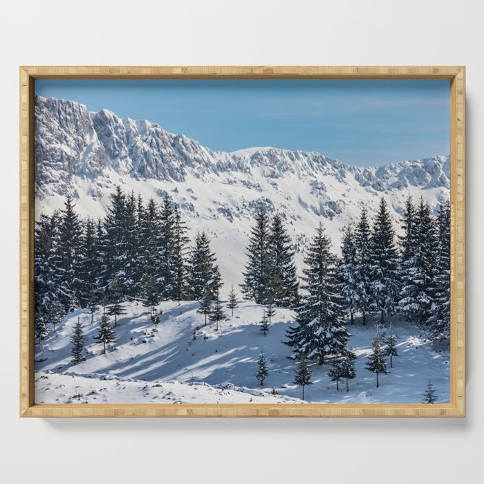 Winter landscape with snow-covered fir trees Serving Tray