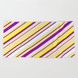 [ Thumbnail: Tan, Yellow, Dark Violet & Light Cyan Colored Striped Pattern Beach Towel ]