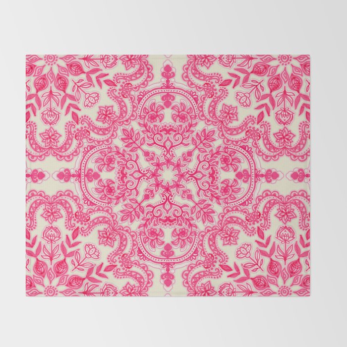 Hot Pink & Soft Cream Folk Art Pattern Throw Blanket by micklyn Society6