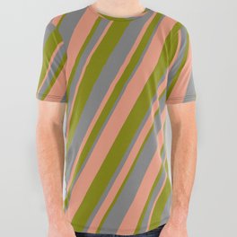 [ Thumbnail: Grey, Dark Salmon & Green Colored Stripes/Lines Pattern All Over Graphic Tee ]