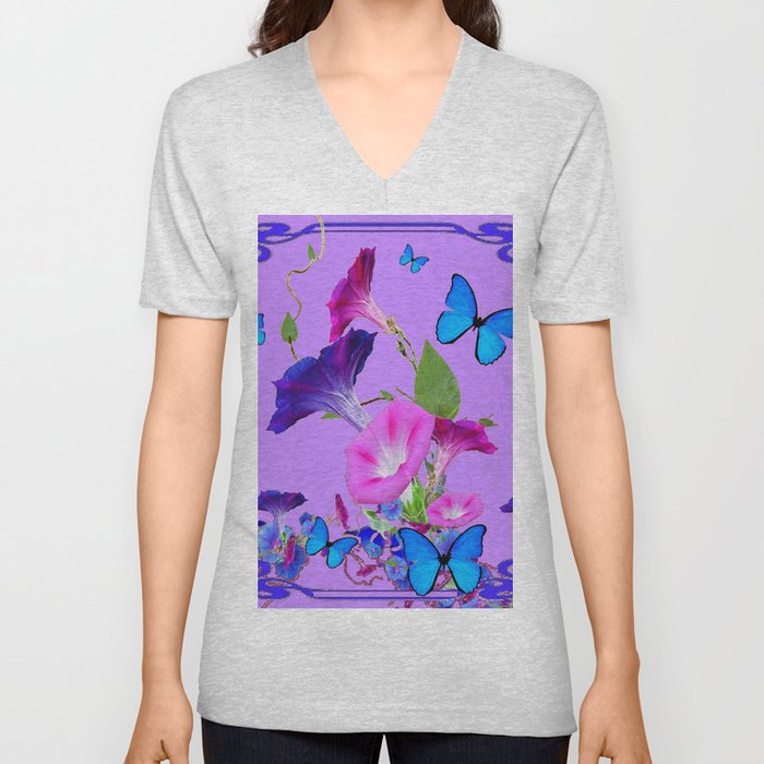 Blue Morning Glories Butterfly Patterns Lavender Art V Neck T Shirt