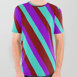 [ Thumbnail: Dark Violet, Turquoise & Maroon Colored Lines/Stripes Pattern All Over Graphic Tee ]