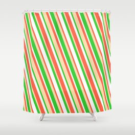 [ Thumbnail: Red, Tan, Lime Green, and White Colored Lined Pattern Shower Curtain ]
