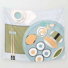 Sushi flatlay - Blue and orange  Wall Tapestry