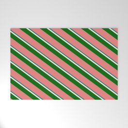 [ Thumbnail: Teal, Beige, Dark Green & Light Coral Colored Lines Pattern Welcome Mat ]