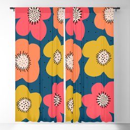 Seamless flower pattern. Bold florals Scandinavian flat style repeating background. Botanical minimalistic doodle flowers pink coral orange yellow on blue backdrop.  Blackout Curtain