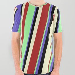 [ Thumbnail: Green, Slate Blue, Black, Light Yellow, and Red Colored Stripes Pattern All Over Graphic Tee ]
