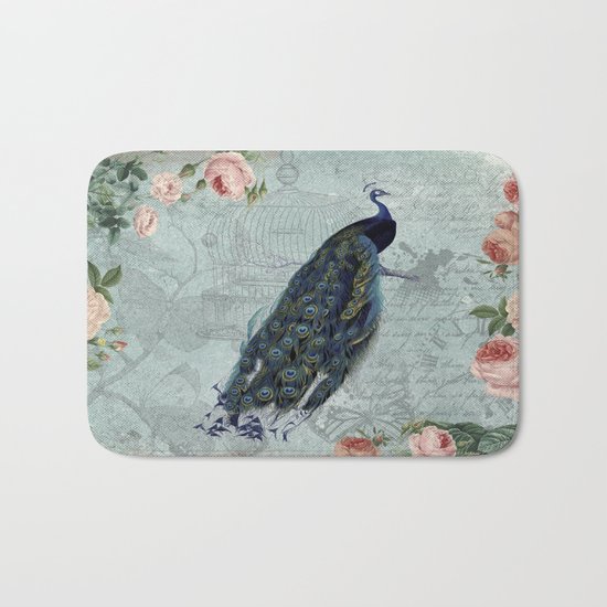 Vintage Victorian Peacock Bird and Roses Illustration on #Society6 Bath Mat