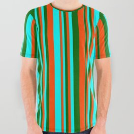 [ Thumbnail: Red, Cyan, and Dark Green Colored Lined/Striped Pattern All Over Graphic Tee ]