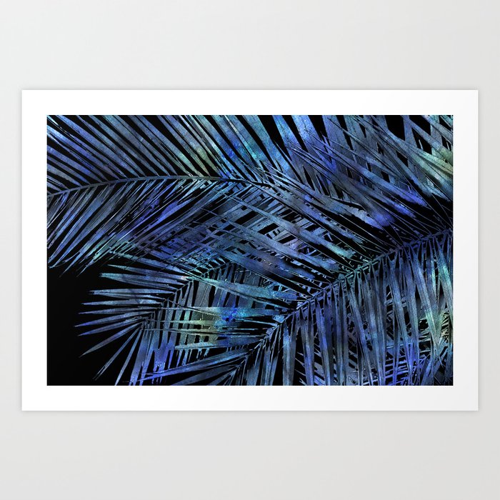 Midnight Blue Palm Leaves Mixed Media Art Art Print