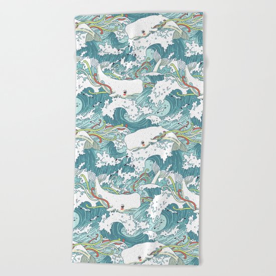 Whales and waves pattern Beach Towel