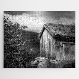 Old Mountain Cabin - Black & White Jigsaw Puzzle