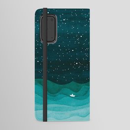 Starry Ocean, teal sailboat watercolor sea waves night Android Wallet Case