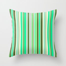 [ Thumbnail: Vibrant Green, Light Grey, Light Green, Dark Olive Green, and Beige Colored Stripes/Lines Pattern Throw Pillow ]