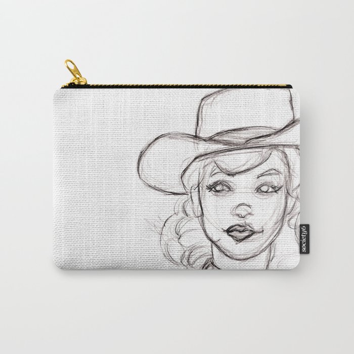 Pencil Drawing Sketch Of Retro Girl In Cowboy Hat Carry All Pouch