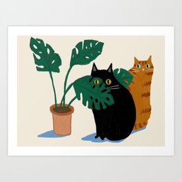 Black cat & orange tabby cat with Monstera plant Art Print