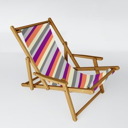 [ Thumbnail: Colorful Light Yellow, Gray, Light Gray, Purple & Coral Colored Lines/Stripes Pattern Sling Chair ]