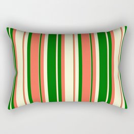 [ Thumbnail: Red, Light Yellow & Dark Green Colored Stripes Pattern Rectangular Pillow ]