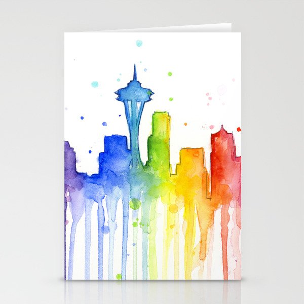 Seattle Skyline Rainbow Watercolor Stationery Cards