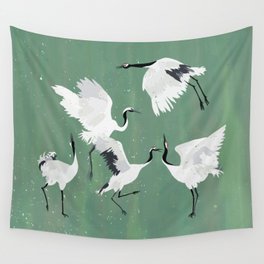 Dancing cranes - jade green Wall Tapestry